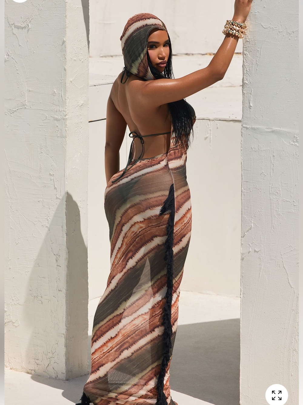 Fashion Nova Brown Multi-Stripe Sheer hooded Maxi Swim Cover-Up with Tassel🐕